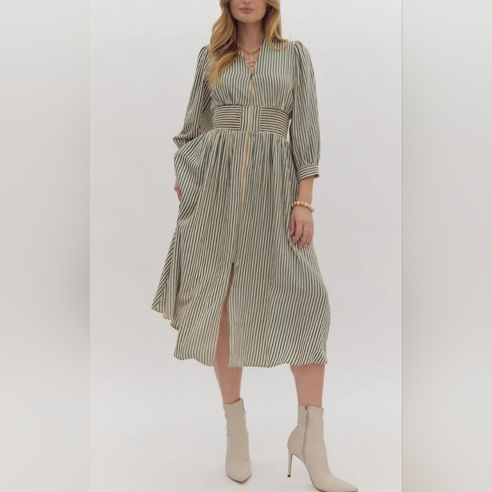 Striped V-Neck Midi Dress W/Smocked Waist